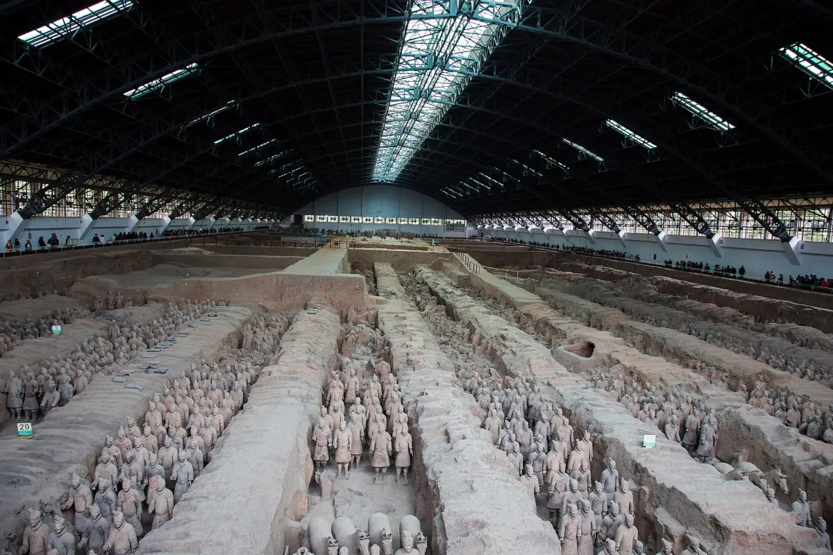 Rows of terracotta warriors in Pit 1 of the Terracotta Army